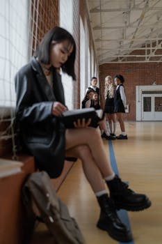 Teen girl reading alone in gymnasium while peers watch, highlighting themes of solitude and bullying.