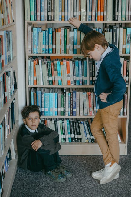 A poignant image of a boy being bullied in a library, highlighting bullying awareness.